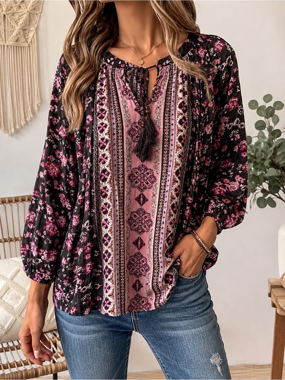 Mason & Belle Boho Floral Peasant Blouse Medium Pink Black Tassel Tie Rayon fall